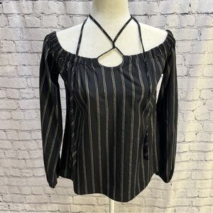 ROI Off-Shoulder Black Top — Metallic Stripes & Crisscross Strap Size XS
